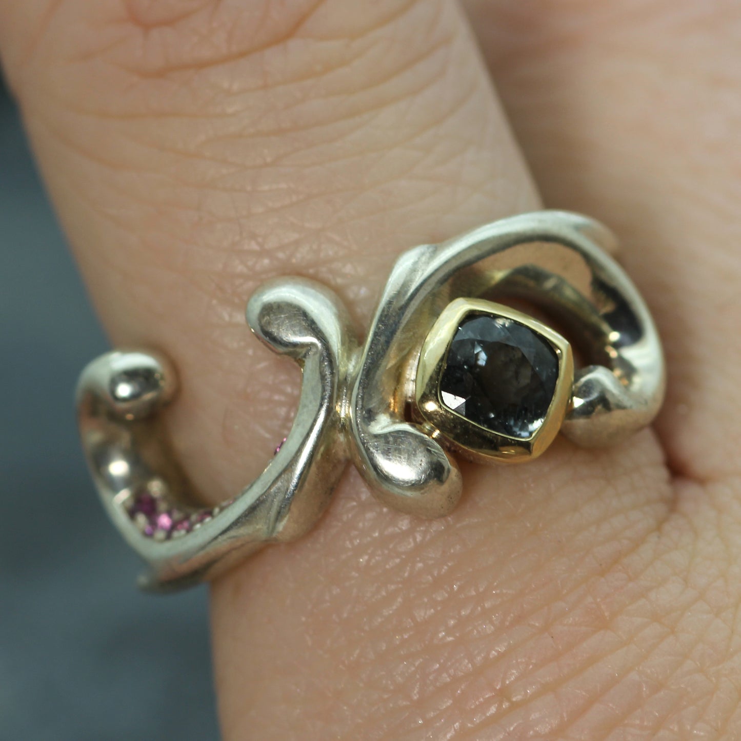 KS sterling silver and 9ct gold tourmaline and garnet ring