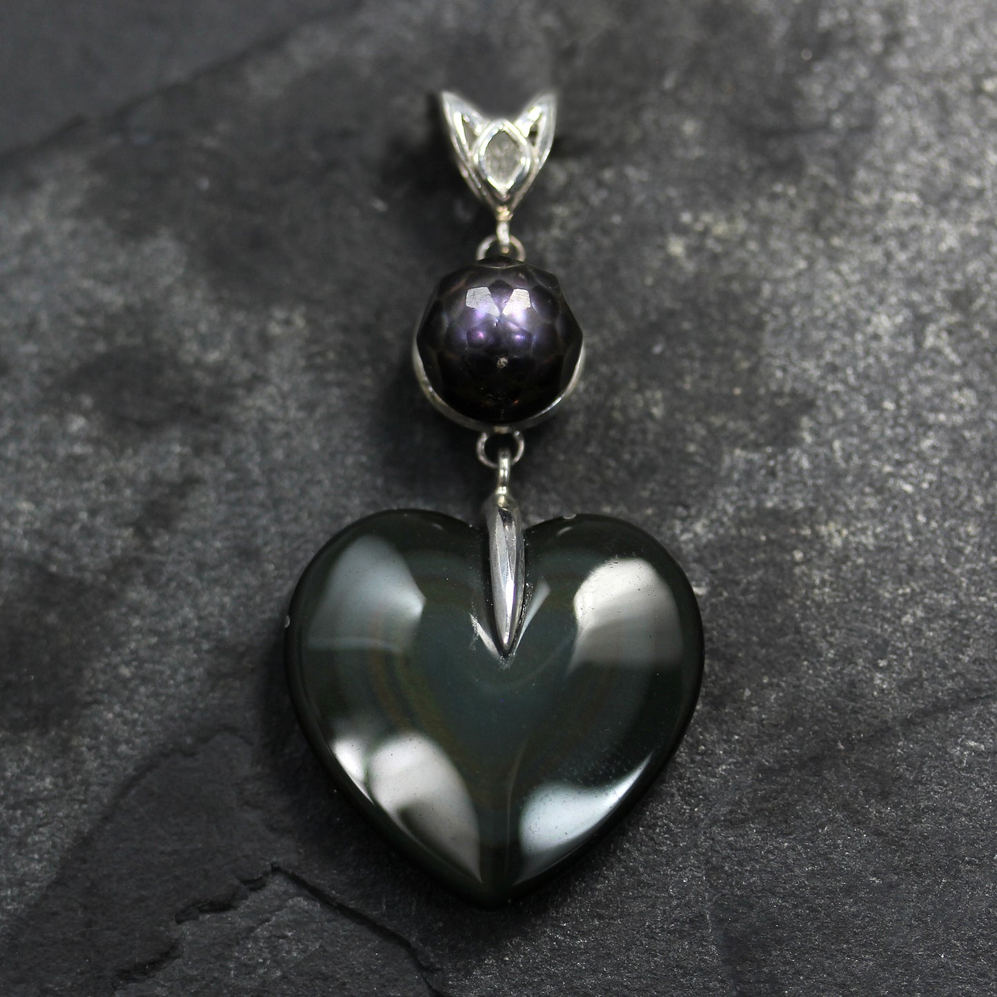 KS Sterling Silver, Rainbow Obsidian and Peacock Pearl heart pendant by Kismet & Slate