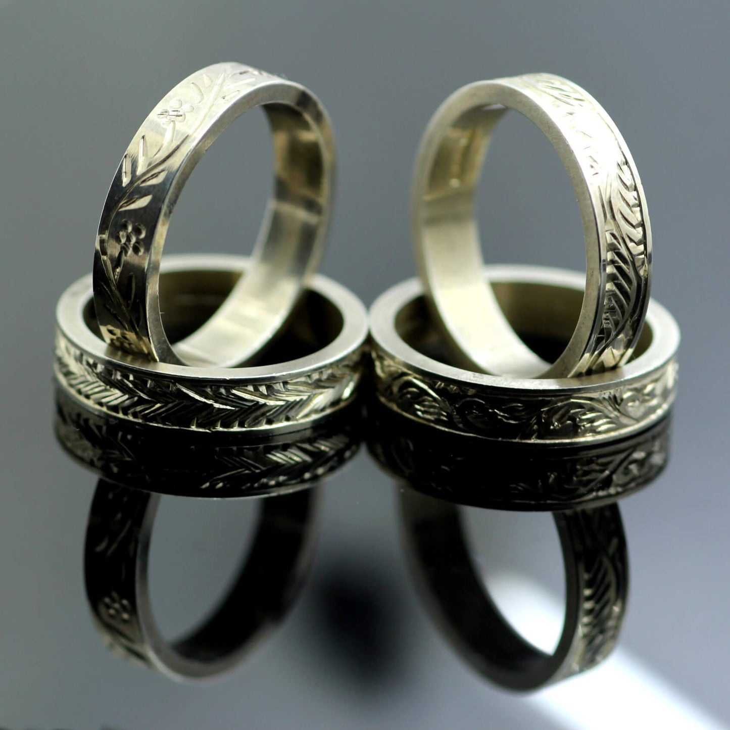 Leaf Pattern 4mm Sterling Silver Hand Engraved Flat Ring