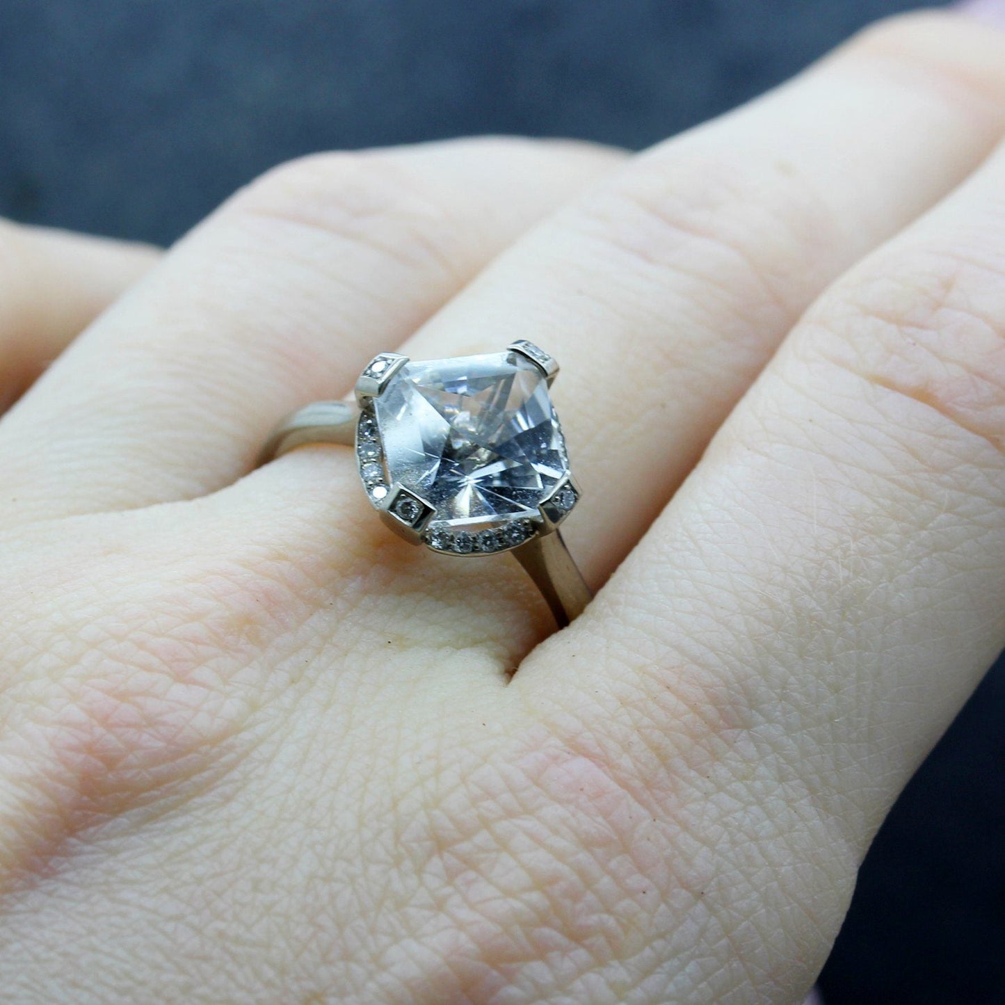 FANCY CUT TOPAZ WITH GARLAND OF DIAMONDS SET IN 14CT WHITE GOLD GATSBY ENGAGEMENT RING