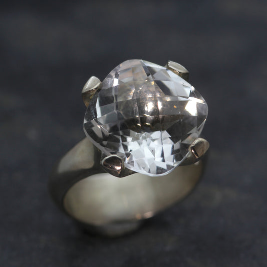 JS CUSHION CUT WHITE TOPAZ & STERLING SILVER COCKTAIL RING