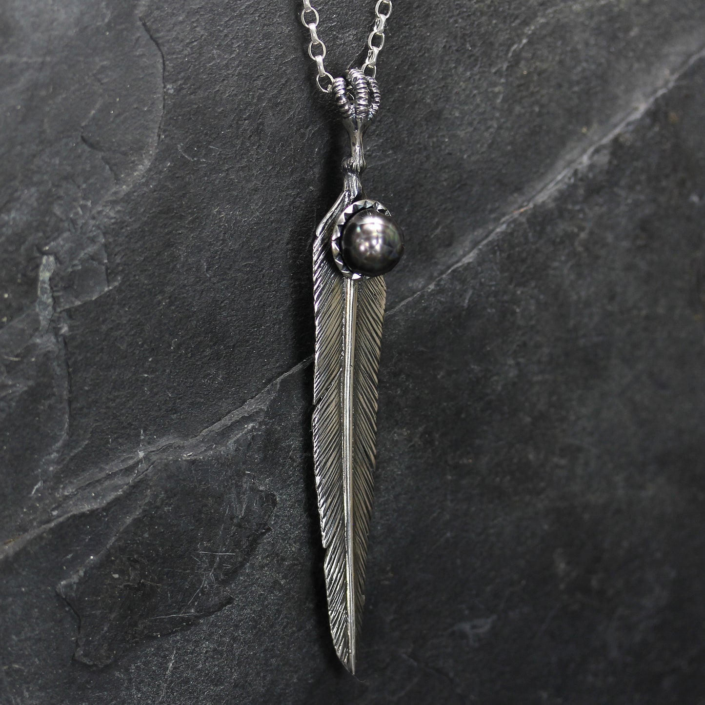 KS Sterling Silver and Peacock Pearl Feather necklace by Kismet & Slate