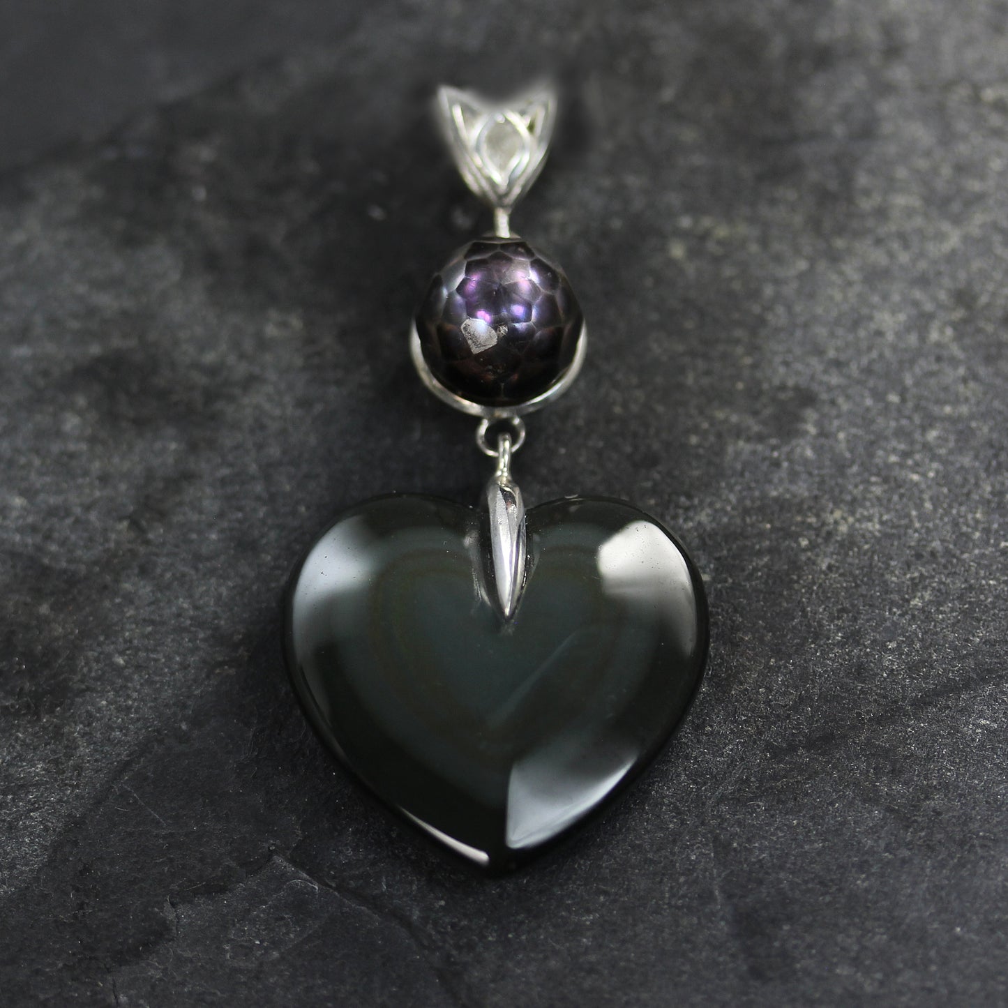 KS Sterling Silver, Rainbow Obsidian and Peacock Pearl heart pendant by Kismet & Slate