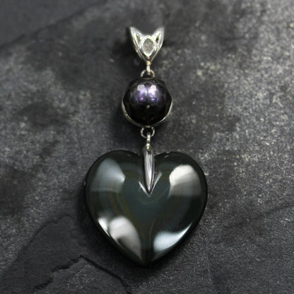KS Sterling Silver, Rainbow Obsidian and Peacock Pearl heart pendant by Kismet & Slate
