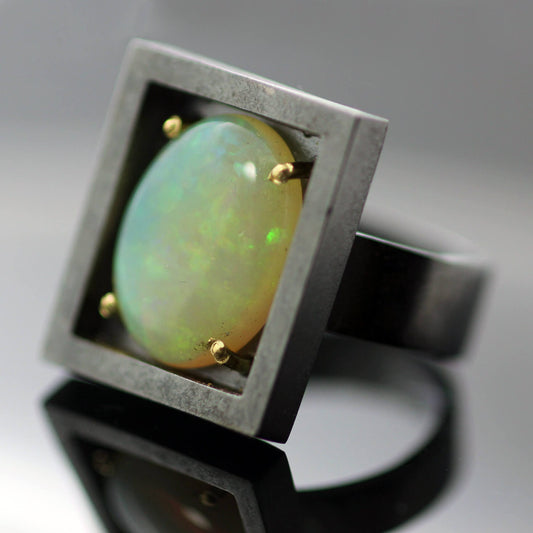 JS Cabochon Cut 4ct Opal Set In 18ct Yellow Gold & Oxidised Sterling Silver Ring