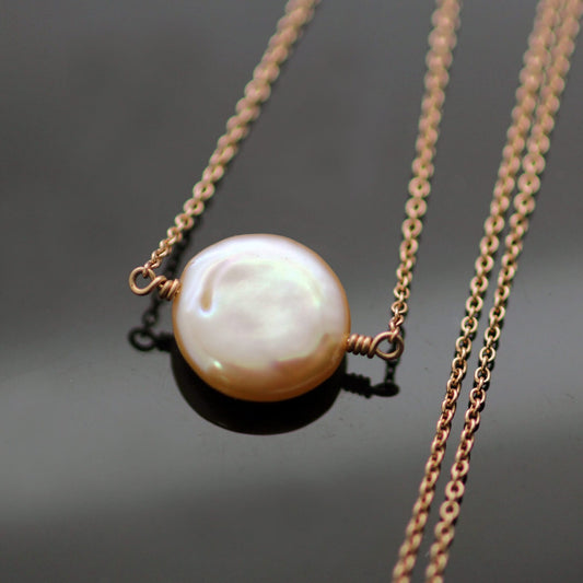 Soft Pink button Pearl & 9ct Rose Gold Necklace