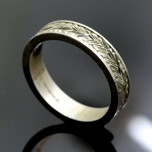 Leaf Pattern 4mm Sterling Silver Hand Engraved Flat Ring